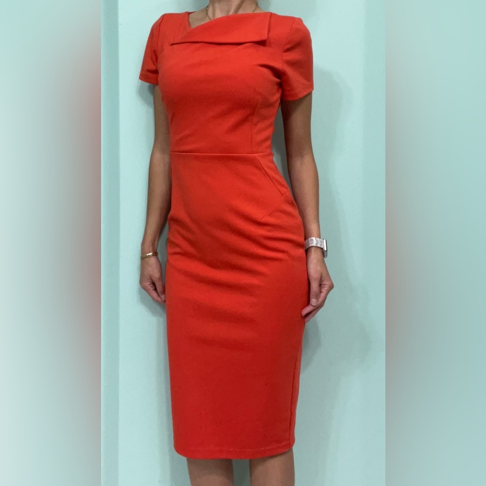 Orange work career midi pencil dress 0